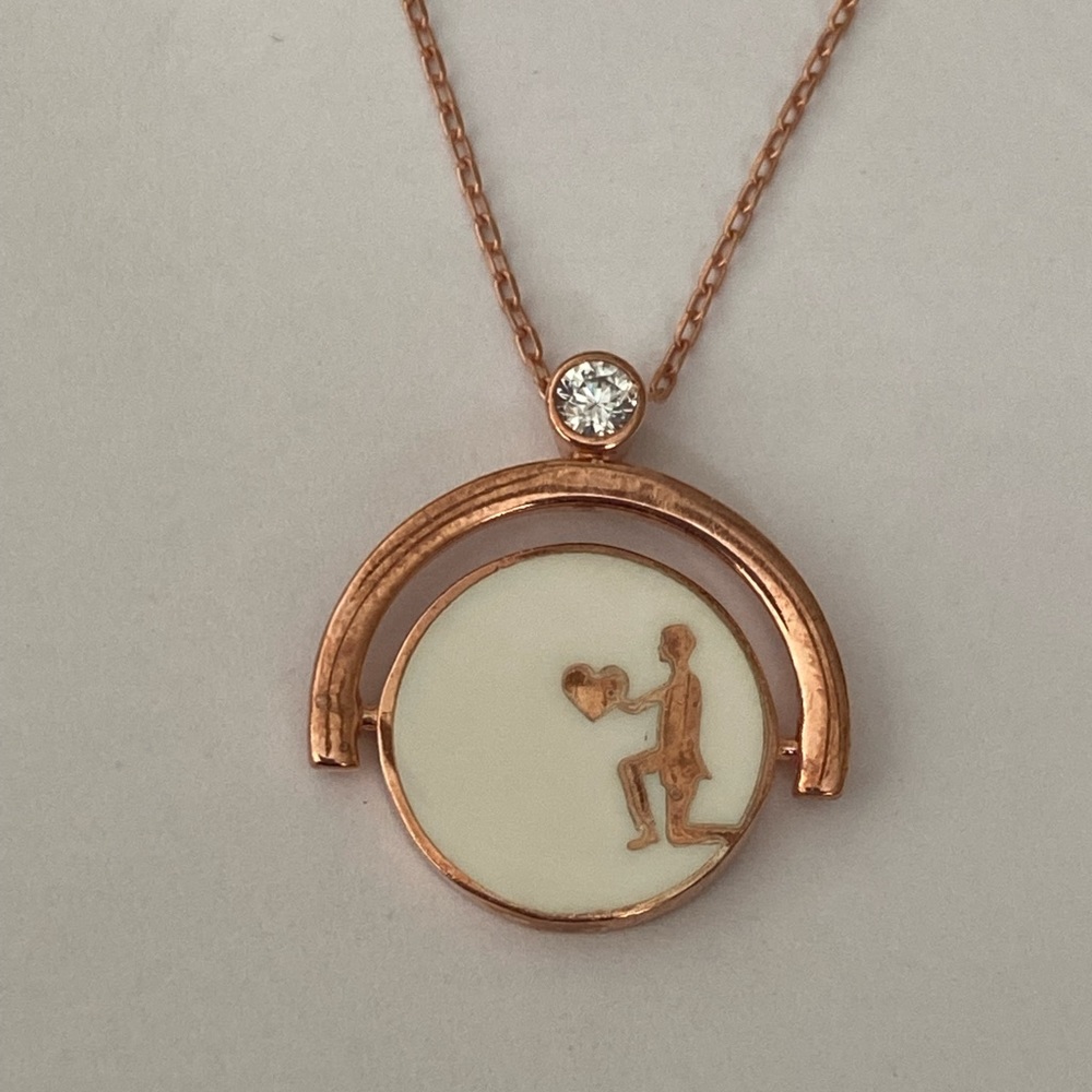 Bride groom reversible spinning 925 silver necklace enamel 14k rose gold plated - Picture 2 of 7